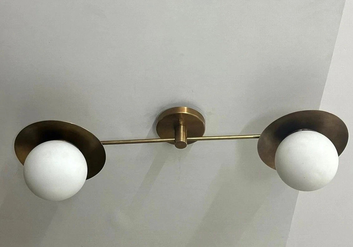 Antique Mid Century Modern Raw Brass 2 Light Sputnik Pendant Chandelier Ceiling