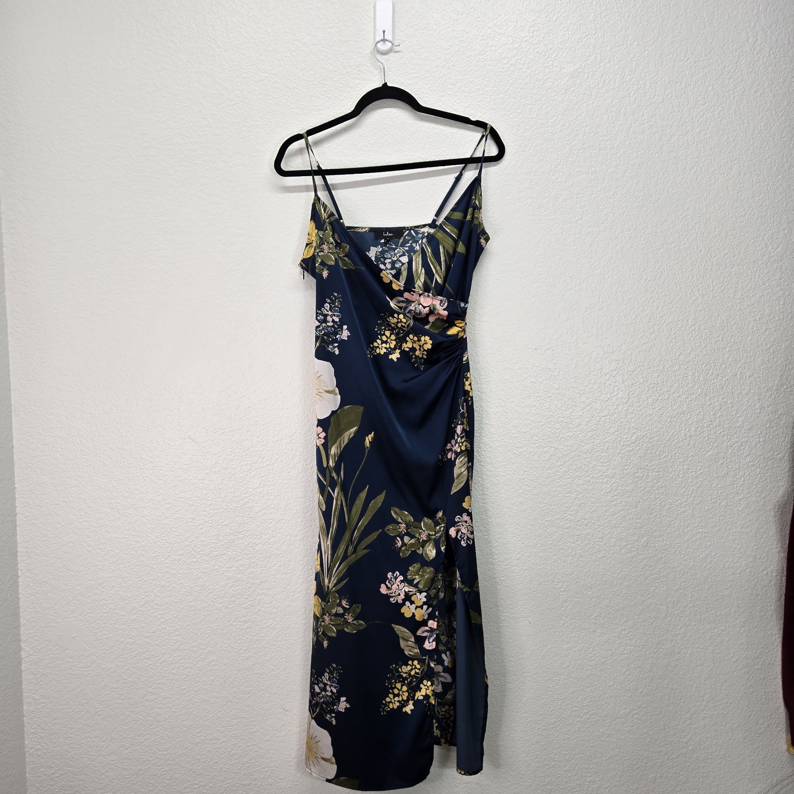 Lulus Remarkable Entrance Navy Blue Floral Print Satin Midi Dress Medium Botanic