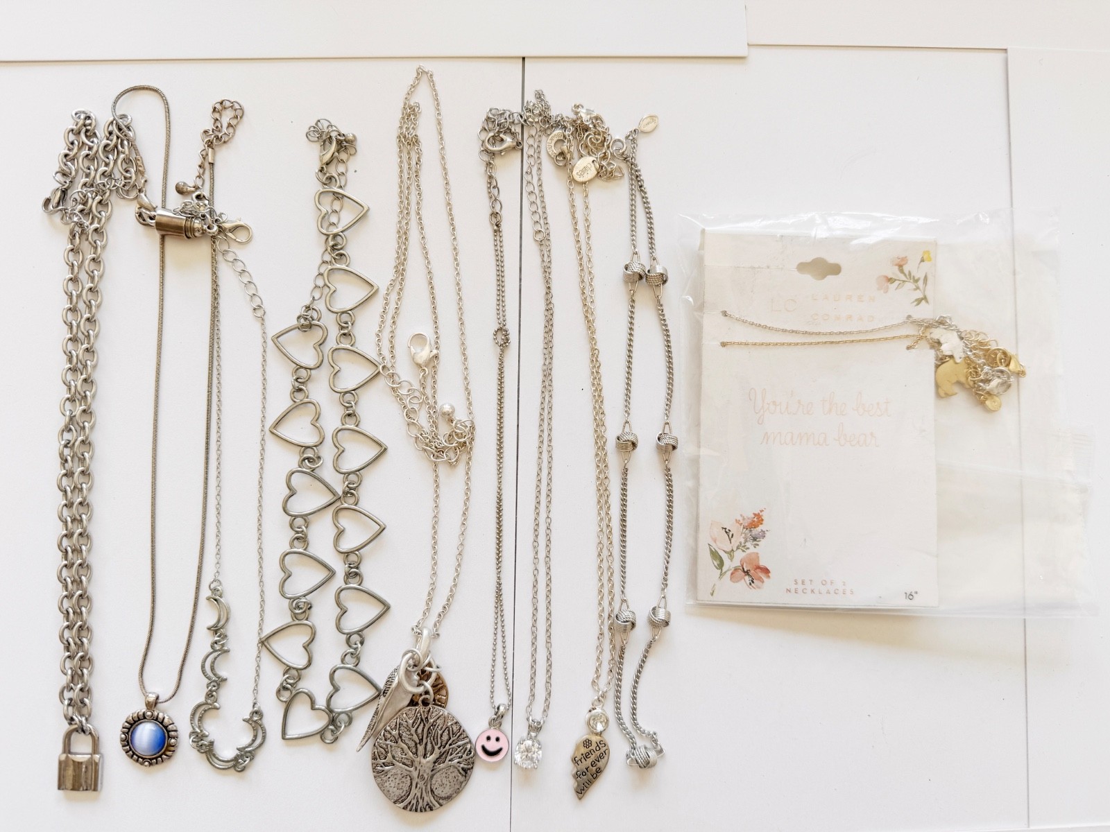 Vintage Silver Tone Necklace Lot 10 PCS Heart Moon Tree Lock Pendant Layered Vintage Silver Tone Necklace Lot 10 PCS Heart Moon Tree Lock Pendant Layered