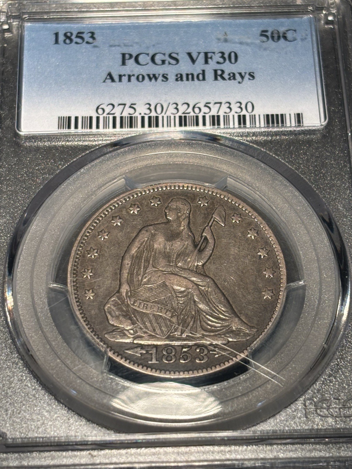 1853 Seated Liberty Half Dollar 50C Arrows & Rays PCGS VF30 Silver .900