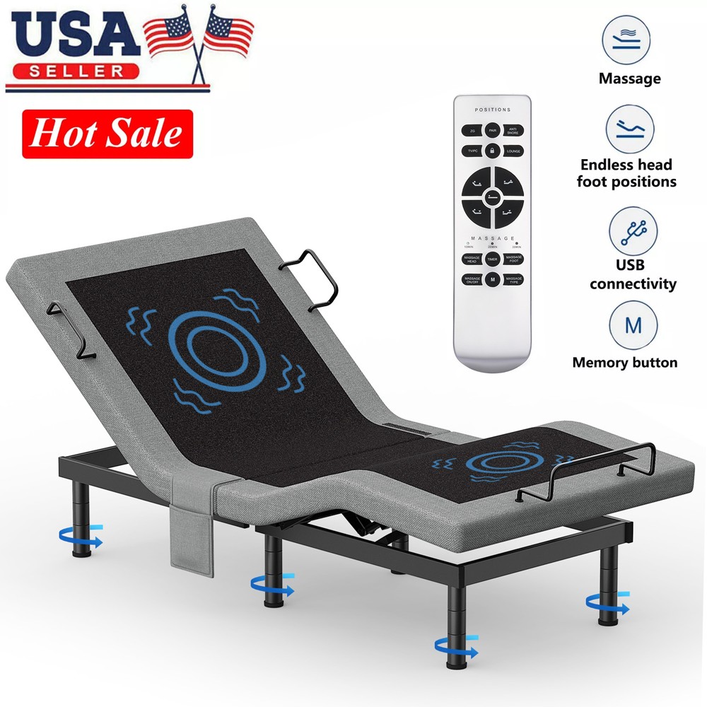 Split King Electirc Adjustable Bed Frame Base With 4 Massage Remote USB Twin XL