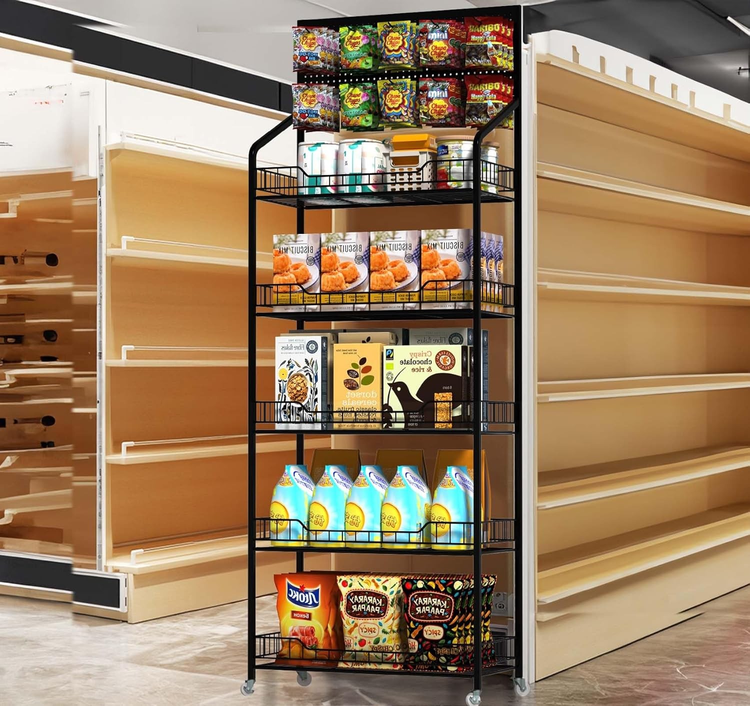 5 Tier Retail Display Rack, Metal Market Snack Rack with Wheels Kitchen Office