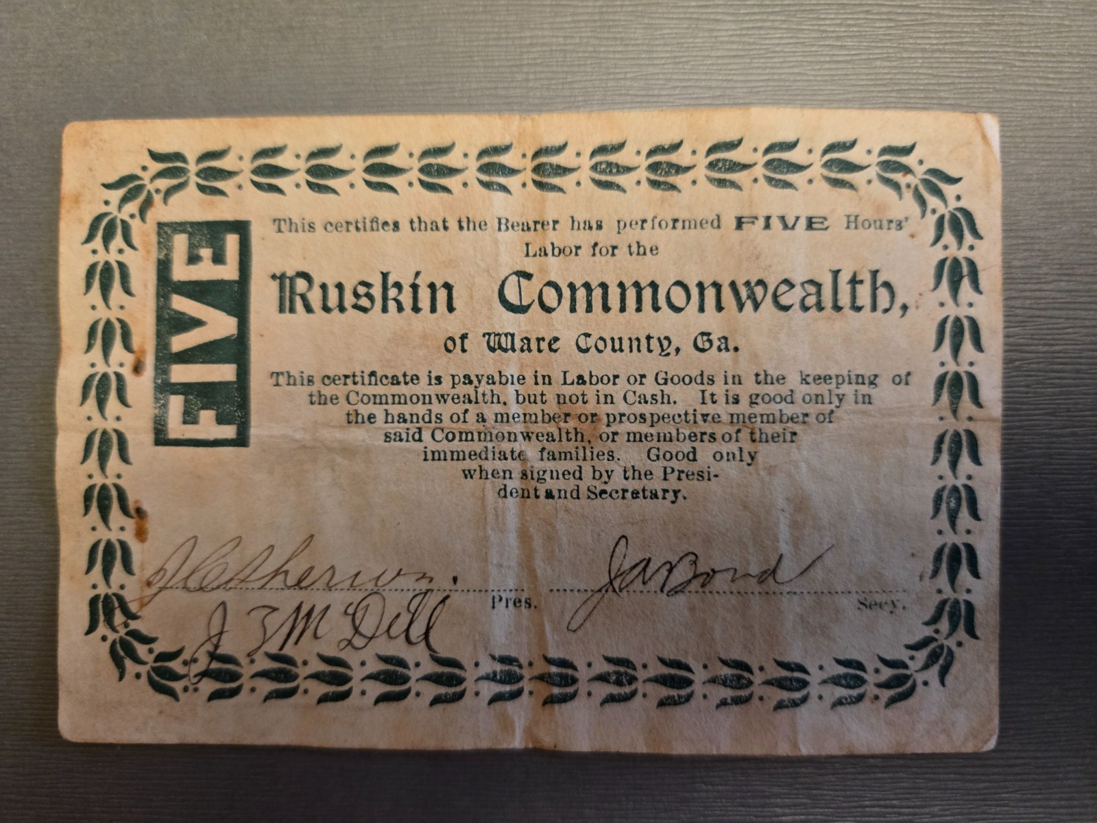 RUSKIN COMMONWEALTH SCRIP Very, rare five hour denomination