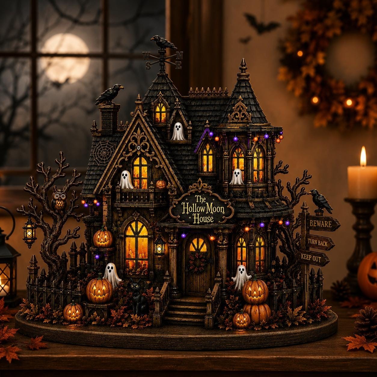 Personalized Halloween Haunted House Wooden Block, Gothic Spooky House Decor