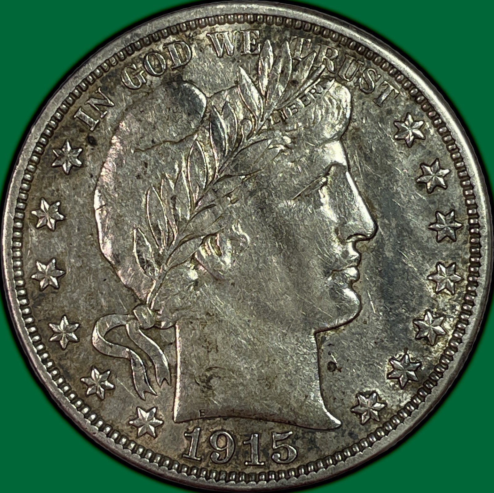1915-D Barber Half Dollar Almost Uncirculated AU Coin, Lightly Cleaned #46436