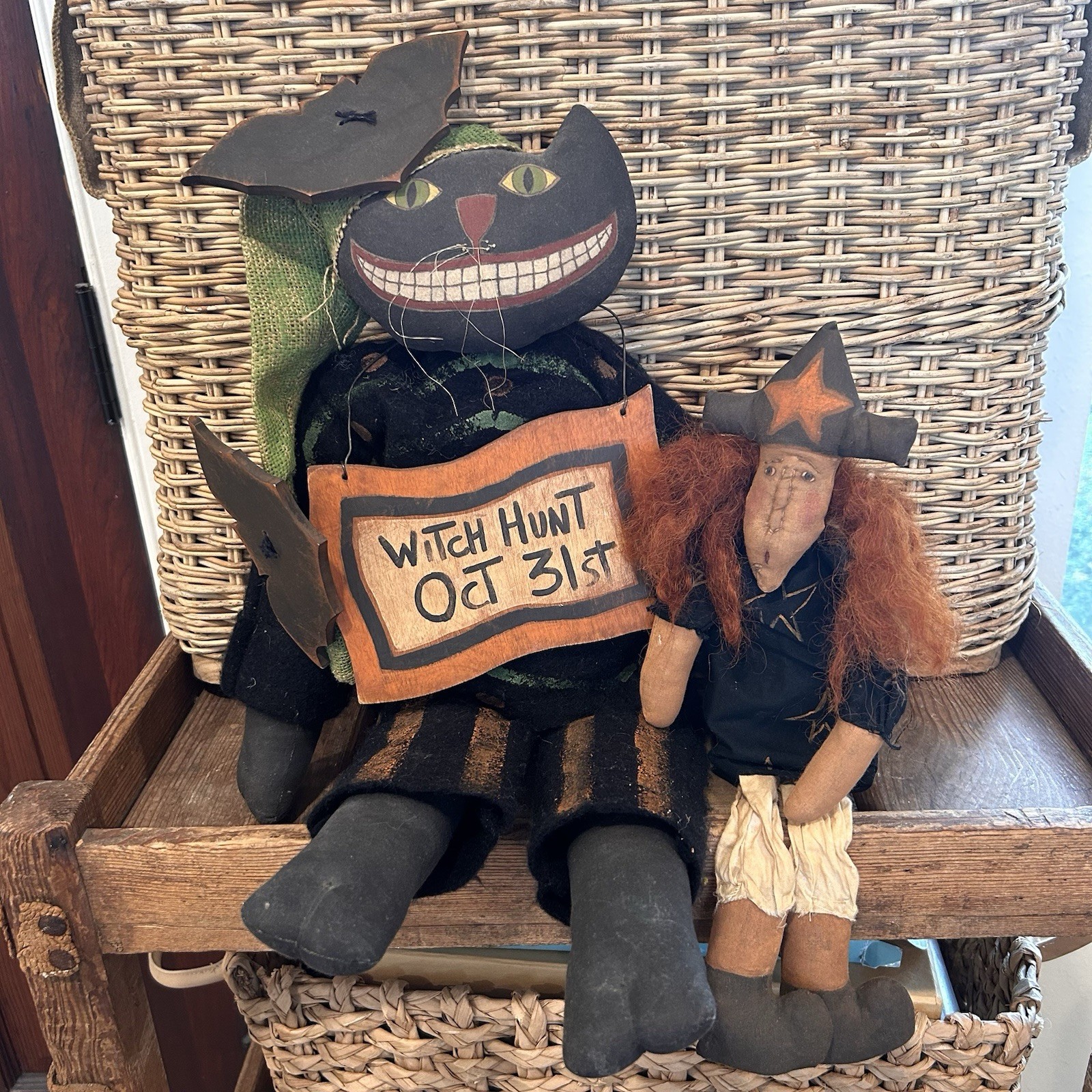 Vintage Primitive Halloween OOAK Handmade Witch Hunt Black Cat Dolls  Folk Art