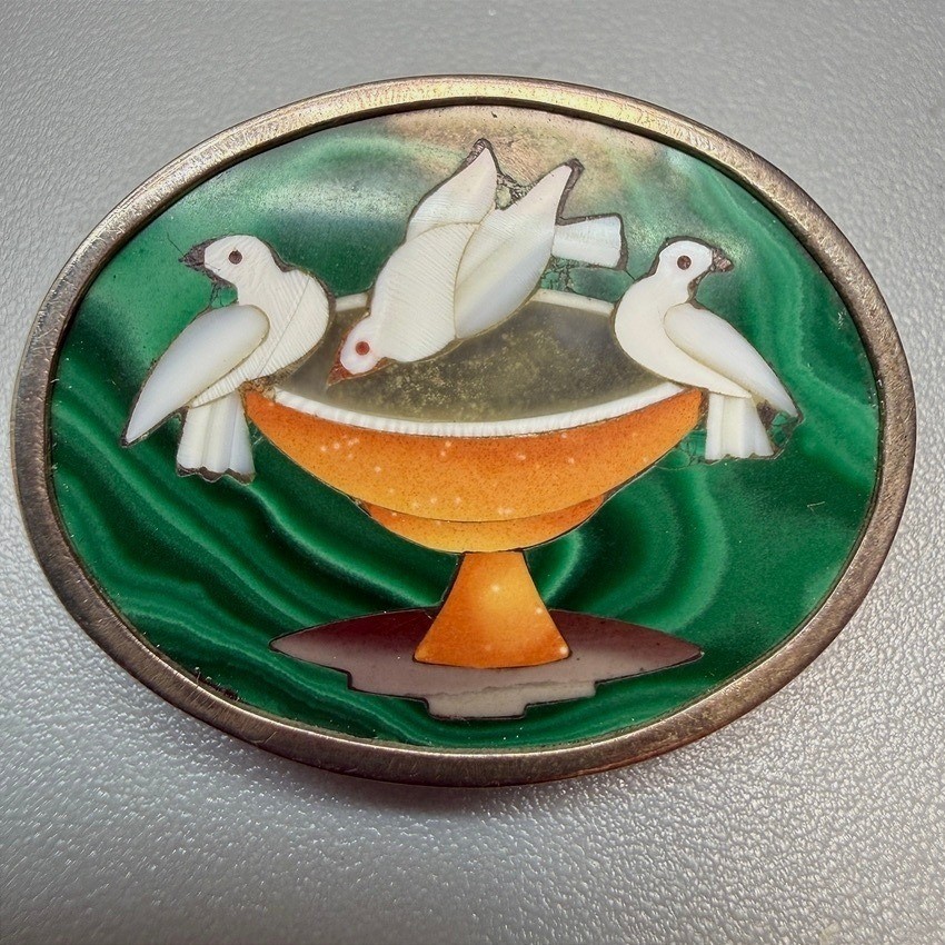VTG Silver Pietra Dura Plinys Doves Malachite Pendant Brooch Mosaic RARE