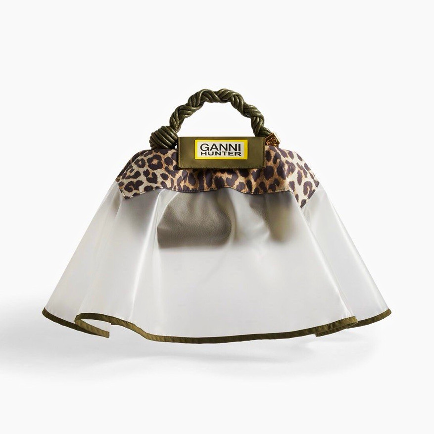 GANNI x HUNTER Mini Top Handle Bag - White Leopard Animal Print, Green Handle