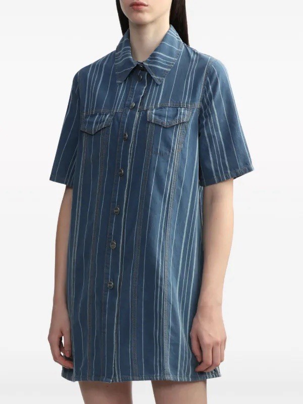 Ganni Stripe-pattern Denim Mini Button Up Dress Women’s Size 34 Shirt Collared