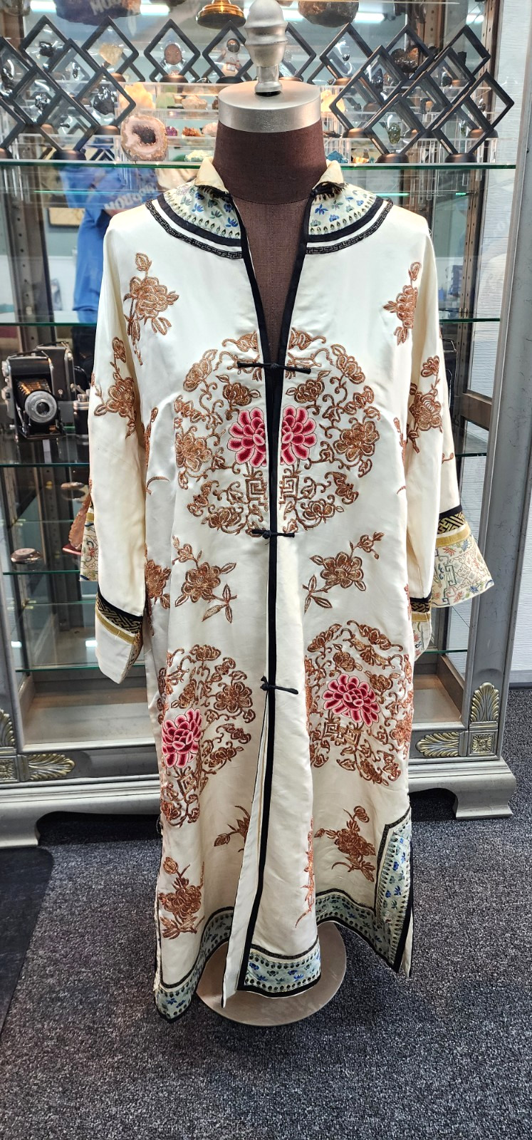 Antique Chinese Embroidered Silk Woman’s Long Robe Jacket Qing Era Floral