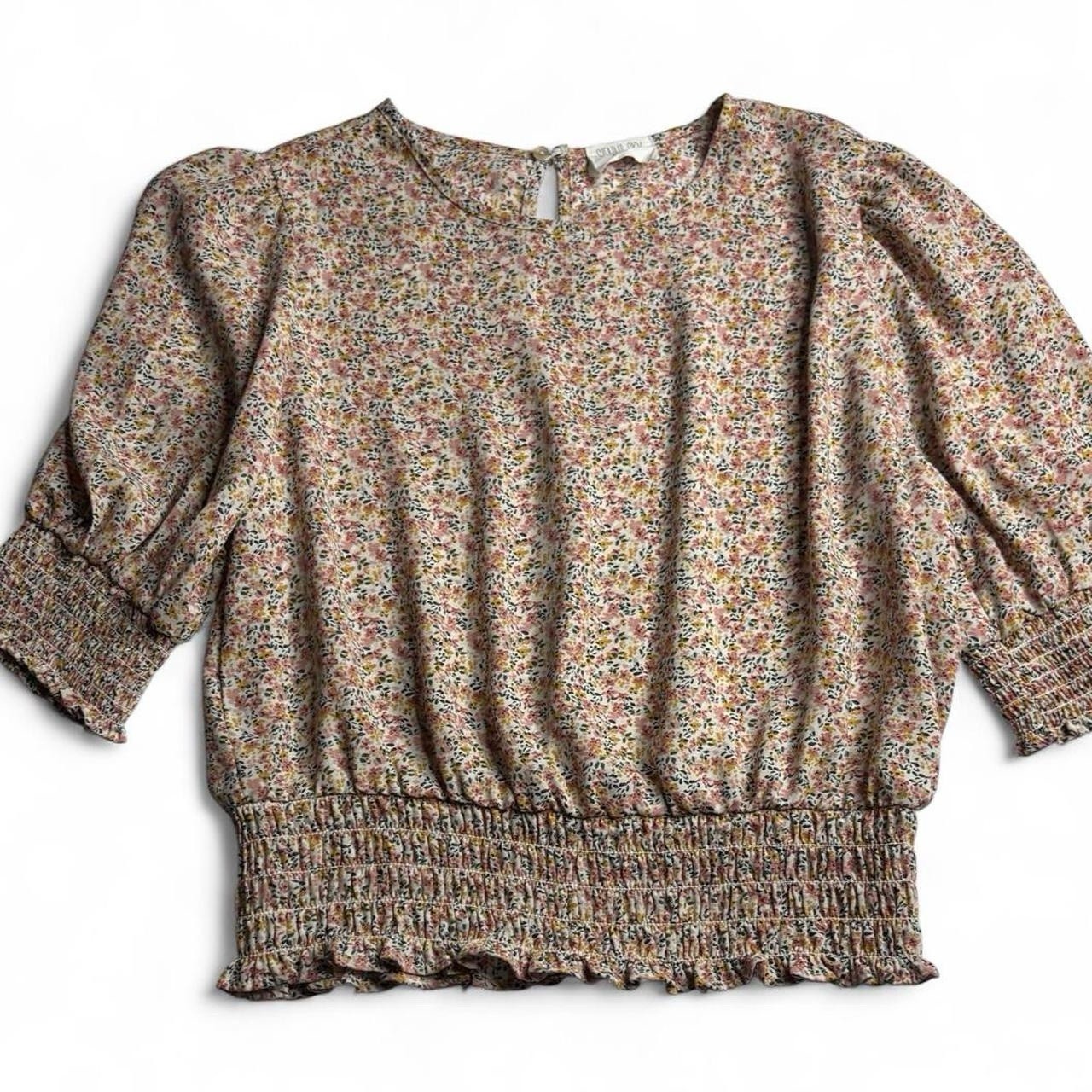 Sienna Sky Women’s Floral Blouse Size L Puff Sleeve Smocked Waist