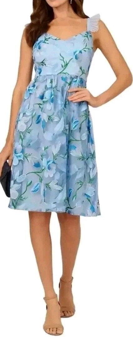 Adrianna Papell Blue Embroidered Tulle Sleeveless Midi Dress Size 12