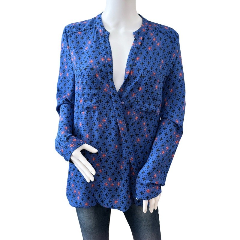 Maeve Anthropologie Eva Wrap Novelty Print Blue High Low Pocket Blouse Size 10