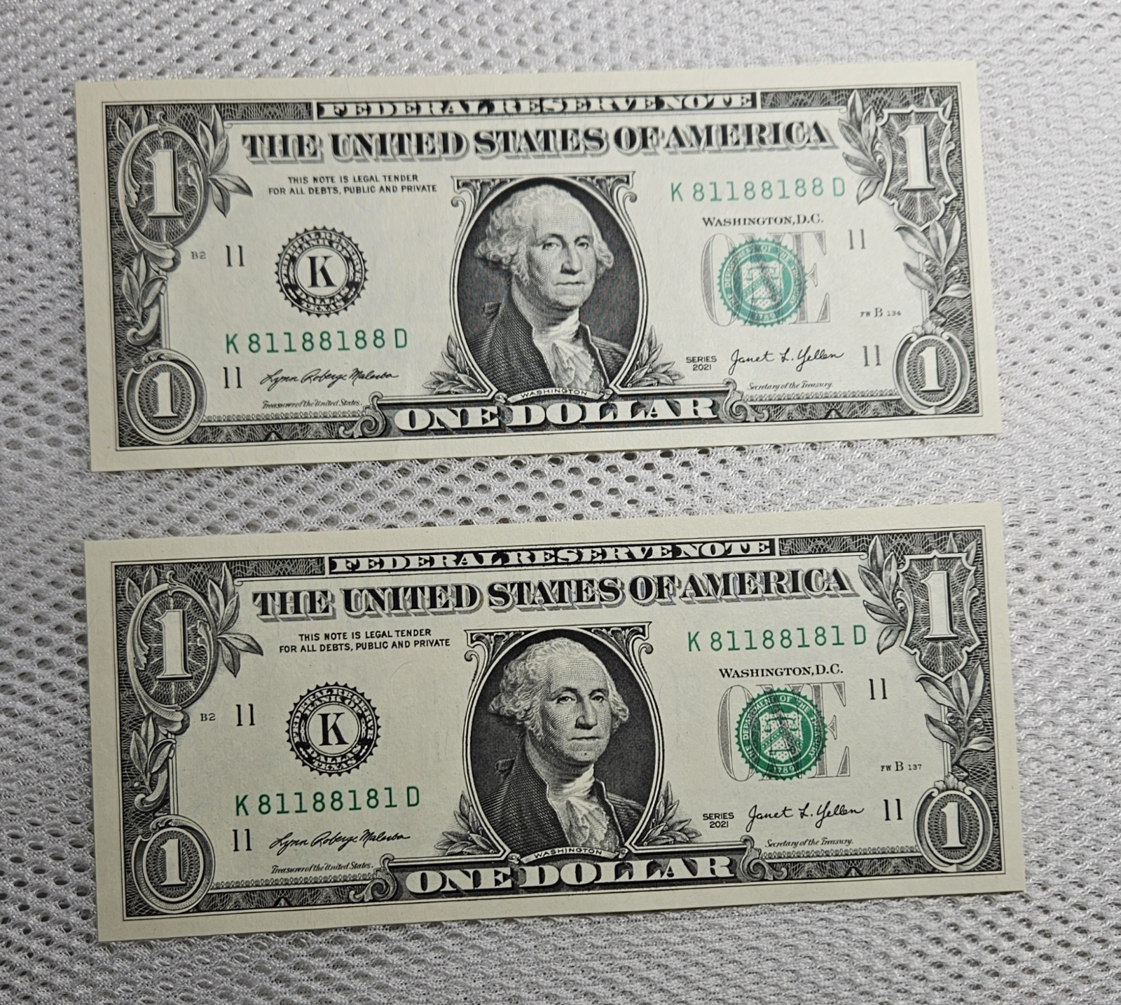 Fancy Binary Repeater Serial Number Set 2021 $1 FRN Gem Unc Dallas, TX Lot of 2 Fancy Binary Repeater Serial Number Set 2021 $1 FRN Gem Unc Dallas, TX Lot of 2