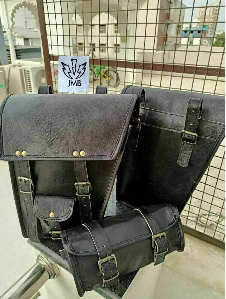  Black Leather Motorcycle 2 Saddle Bag Swing Arm Luggage Free Tool Model No.236