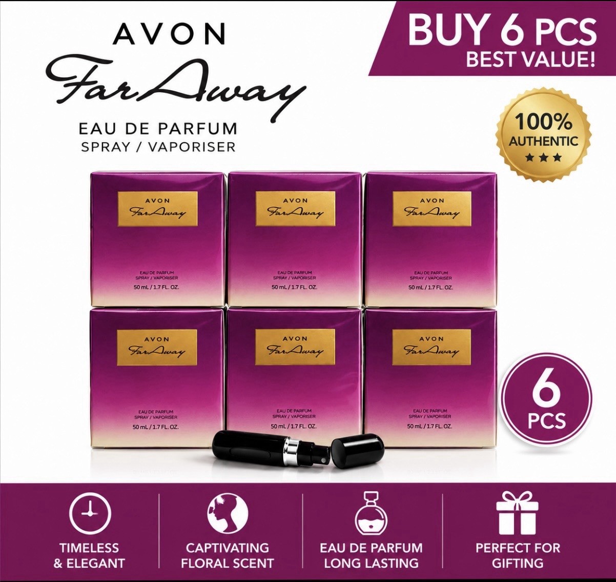 (6 Pack) Avon FAR AWAY Eau De Parfum Perfume Spray 1.7 oz/FREE TRAVEL SPRAY (6 Pack) Avon FAR AWAY Eau De Parfum Perfume Spray 1.7 oz/FREE TRAVEL SPRAY