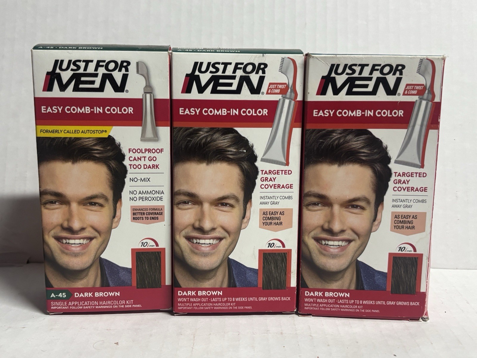 3 Pack Just for Men EASY COMB IN haircolor Autostop A-45 DARK BROWN nib 3 Pack Just for Men EASY COMB IN haircolor Autostop A-45 DARK BROWN nib