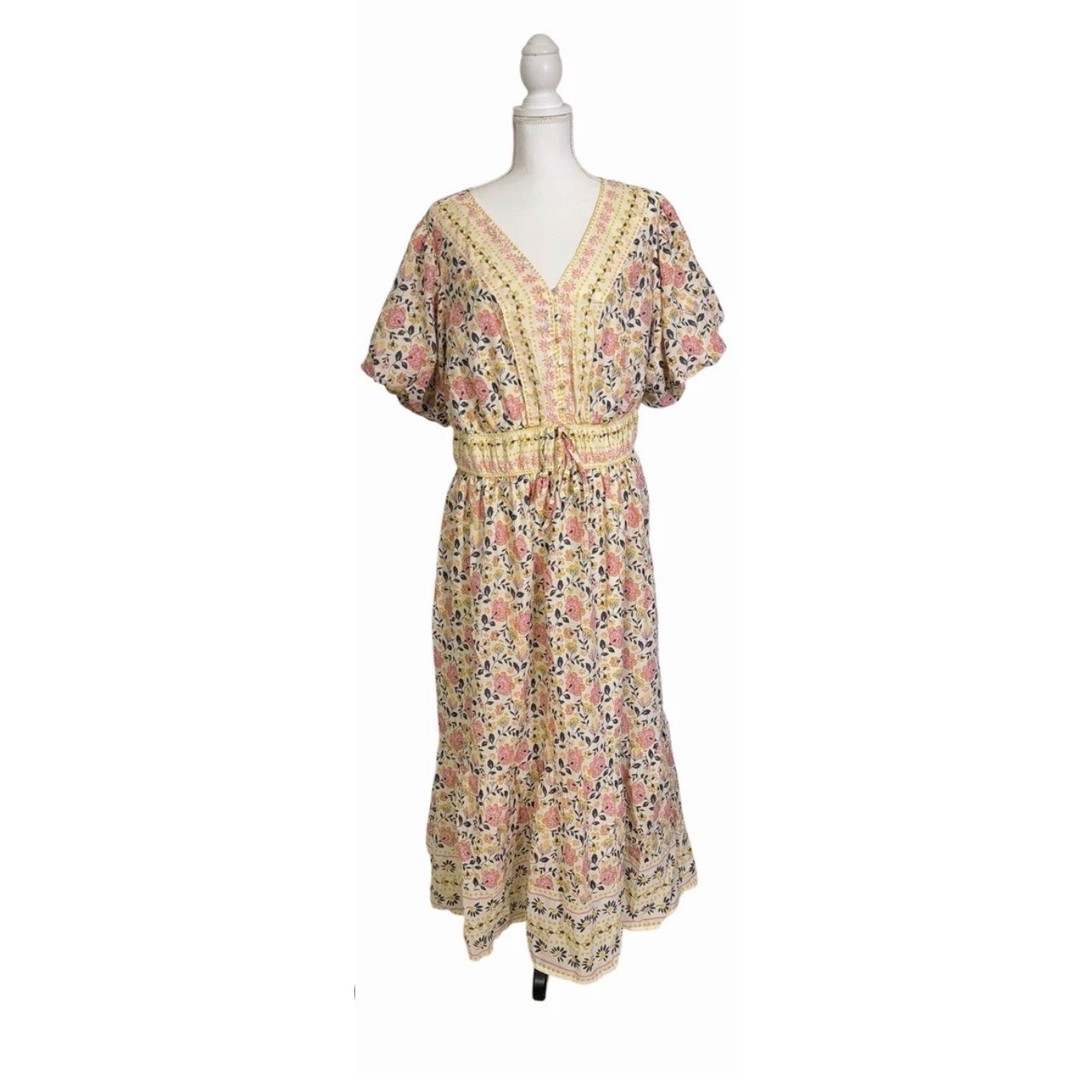 Anthropologie LEA Women Pink Yellow Floral Cotton Midi Dress Pockets 1X NEW