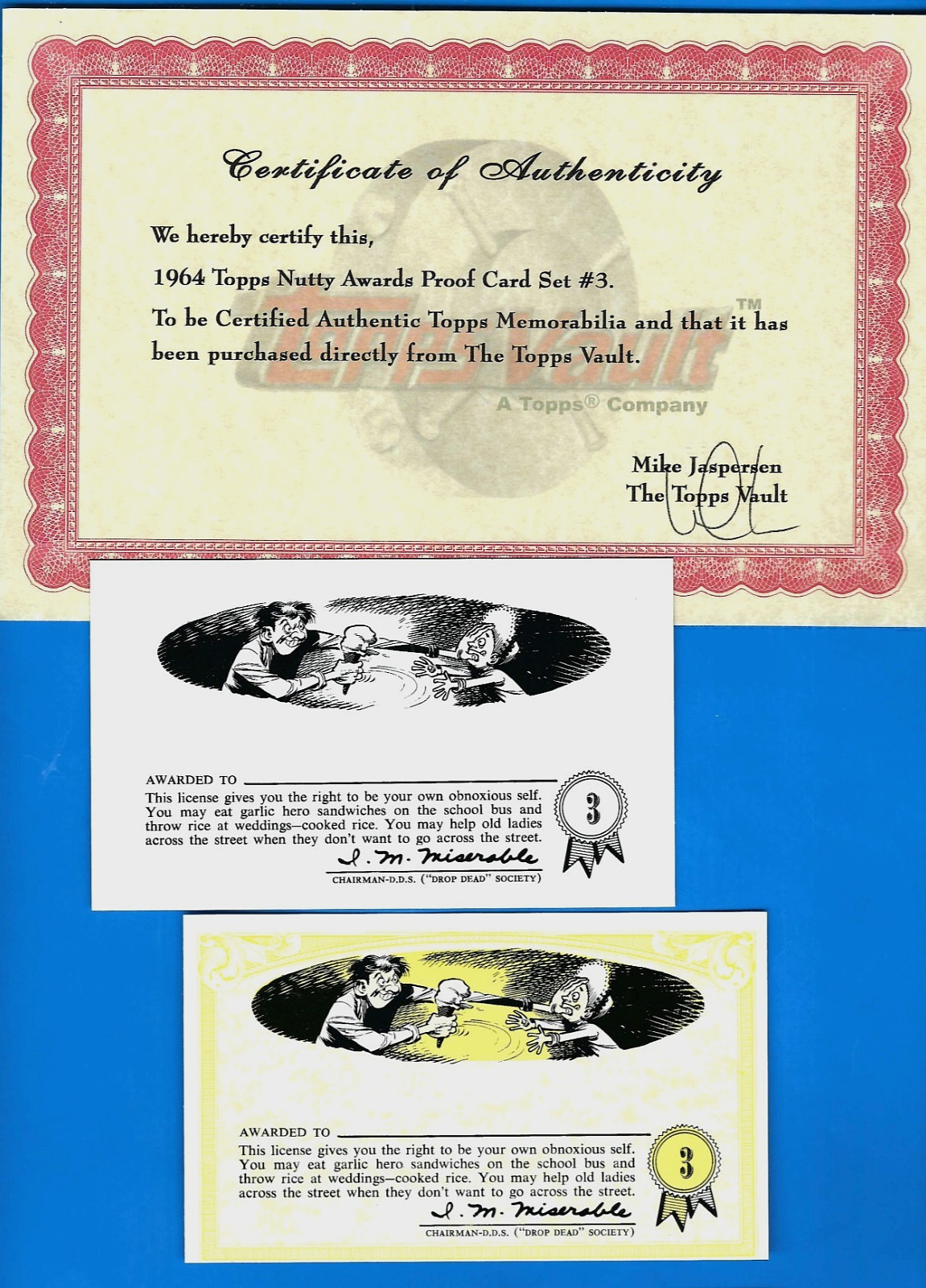 TOPPS VAULT 1964 NUTTY AWARDS NO.3 PROOF CARD SET OF 2 BLANK BACKS W/COA TOPPS VAULT 1964 NUTTY AWARDS NO.3 PROOF CARD SET OF 2 BLANK BACKS W/COA