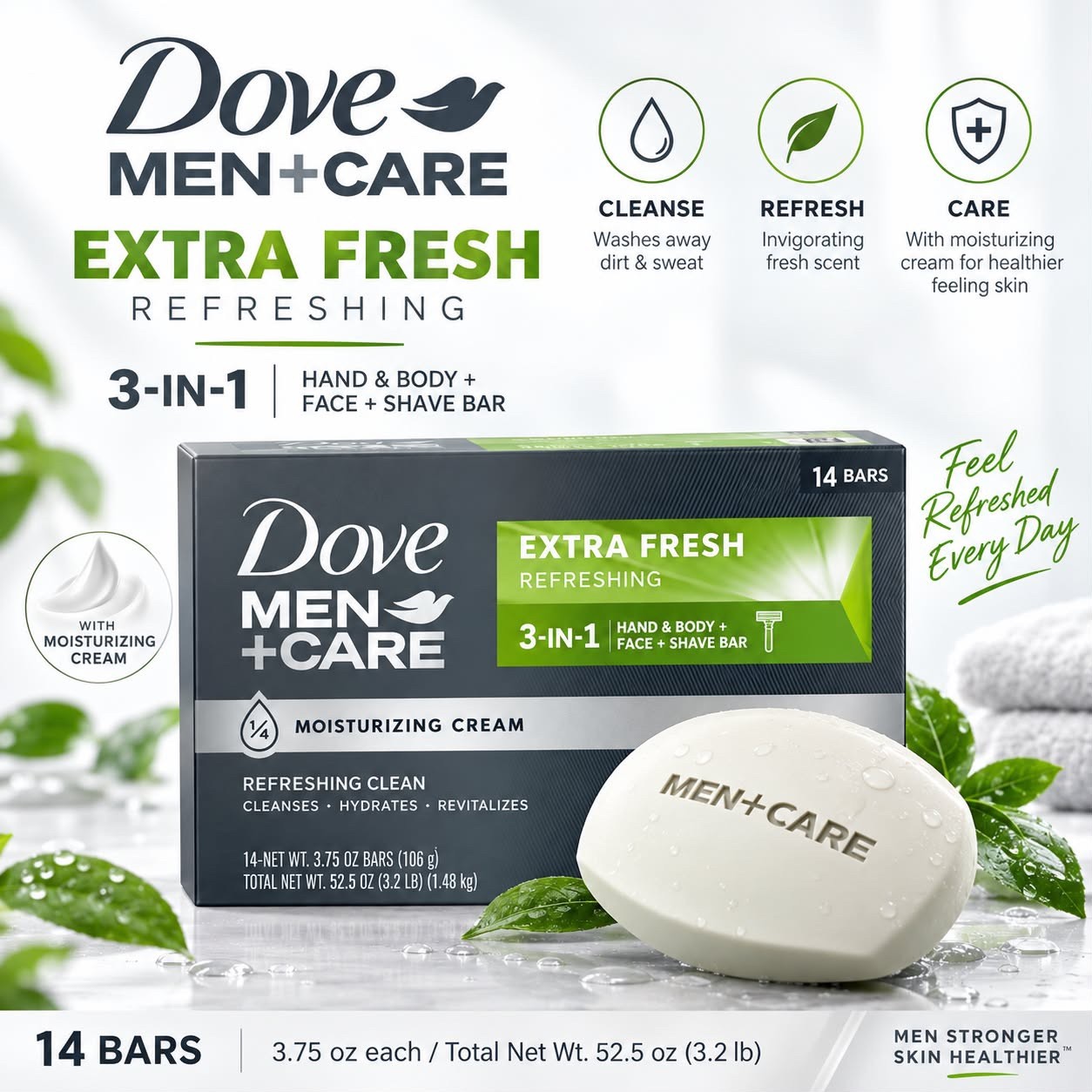 	DOVE MEN + CARE Bar 3 in 1 Cleanser for Body Face and Shaving 3.75 oz 14 Bars	