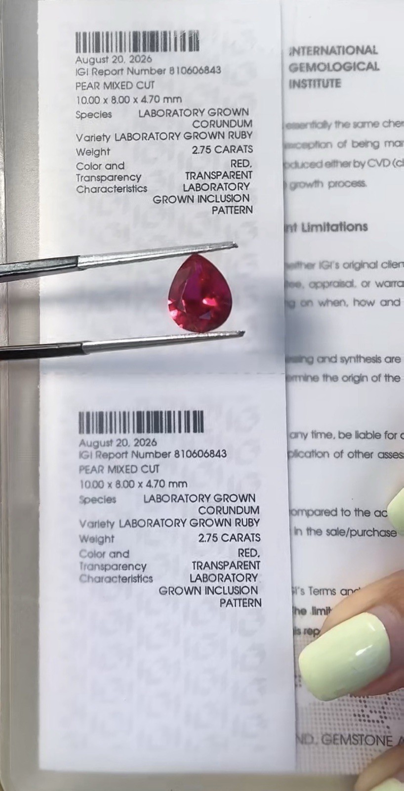IGI Certified Lab-Created Ruby Pear Mixed Cut 2.75ct Red 10x8mm