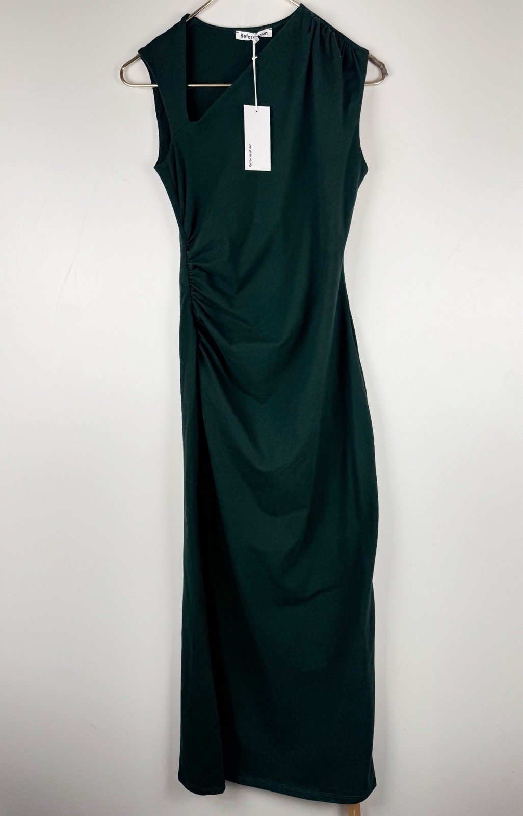 Reformation Amiah Knit Maxi Dress Black Ruched Sleeveless Forest Sz S Green NWT