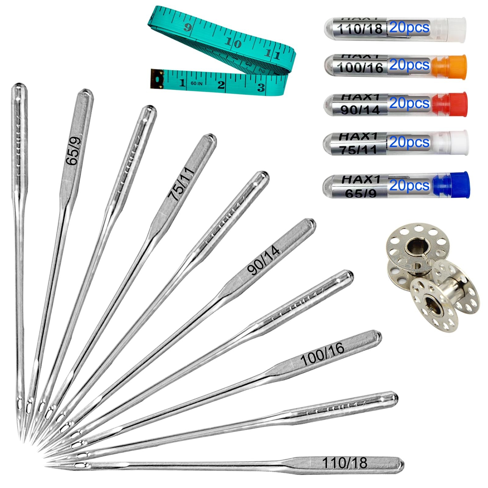 50 Pcs Universal Sewing Machine Needles 65/9, 75/11, 90/14, 100/16 and Heavy ...