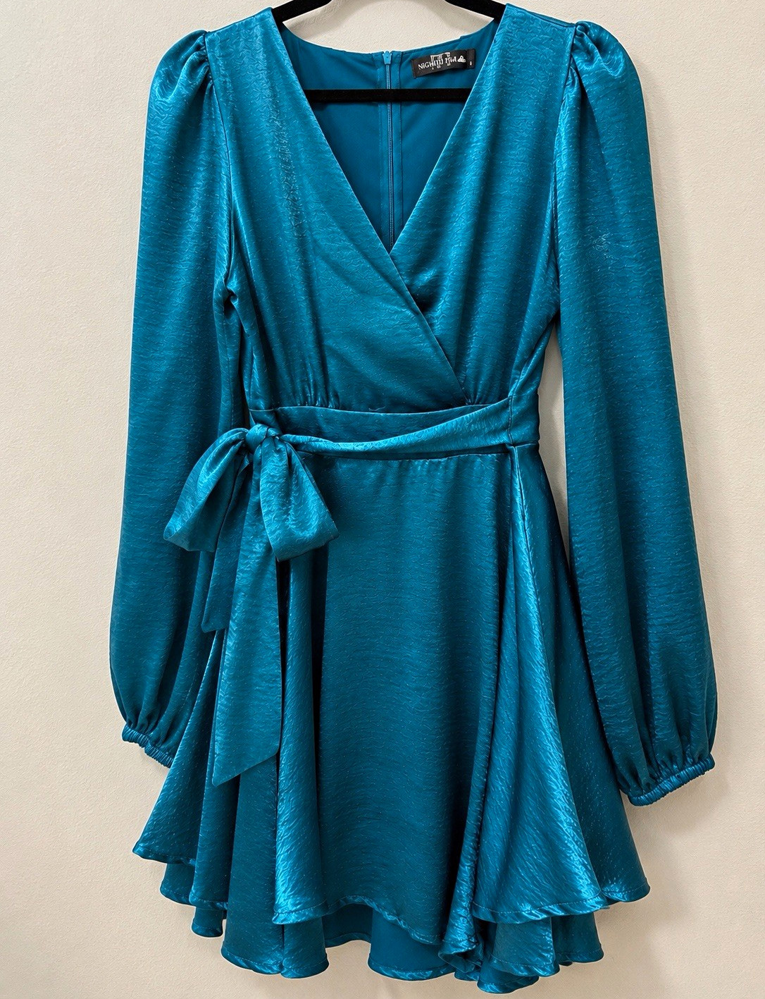 Zara Blue Satin Wrap Dress V-Neck Long Puff Sleeve Tie Waist Short S