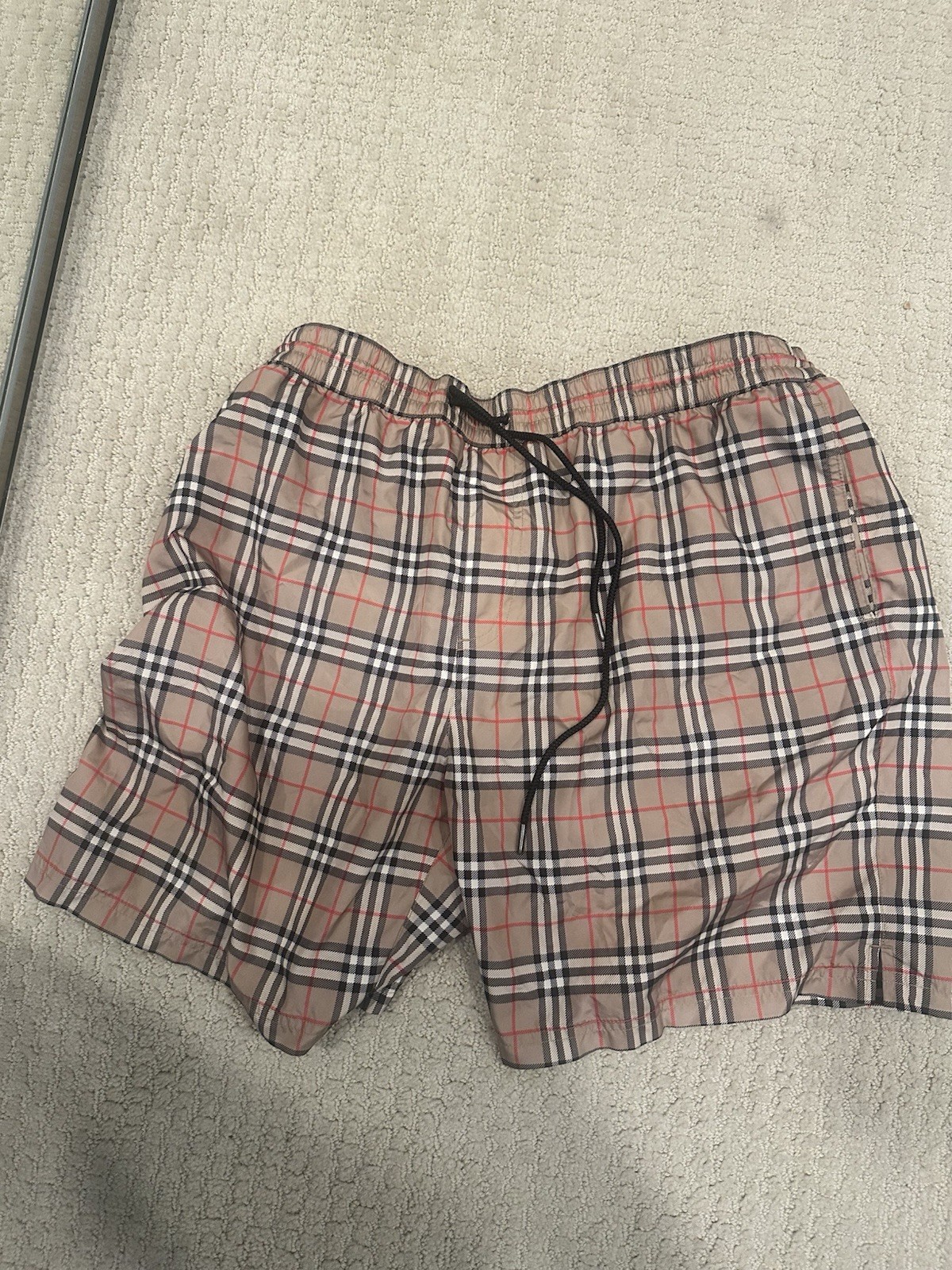 Burberry Men\'s Plaid Swim Shorts Beige Black Red White Drawstring Mesh XL