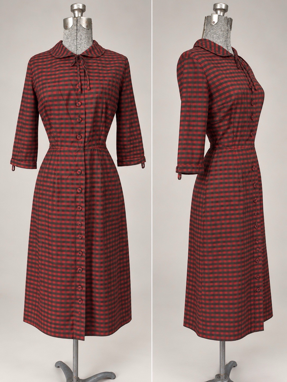 Vintage 50s Red & Black Cotton Checkered Plaid Fitted Dress Sz Xs