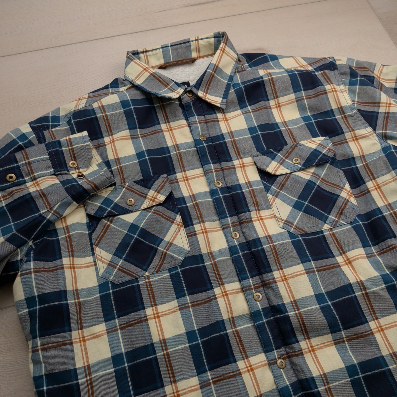 Kuhl Joyrydr Fleece Lined Plaid Flannel Shirt Jac Jacket Mens XL Blue Cream Tan