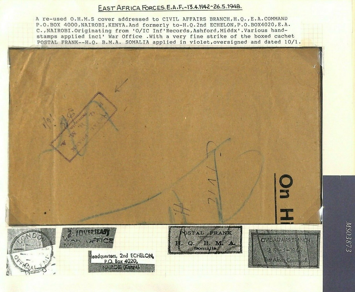 BOIC MEF SOMALIA Reused Official Cover CIVIL AFFAIRS BRANCH Kenya 1946 MS3873