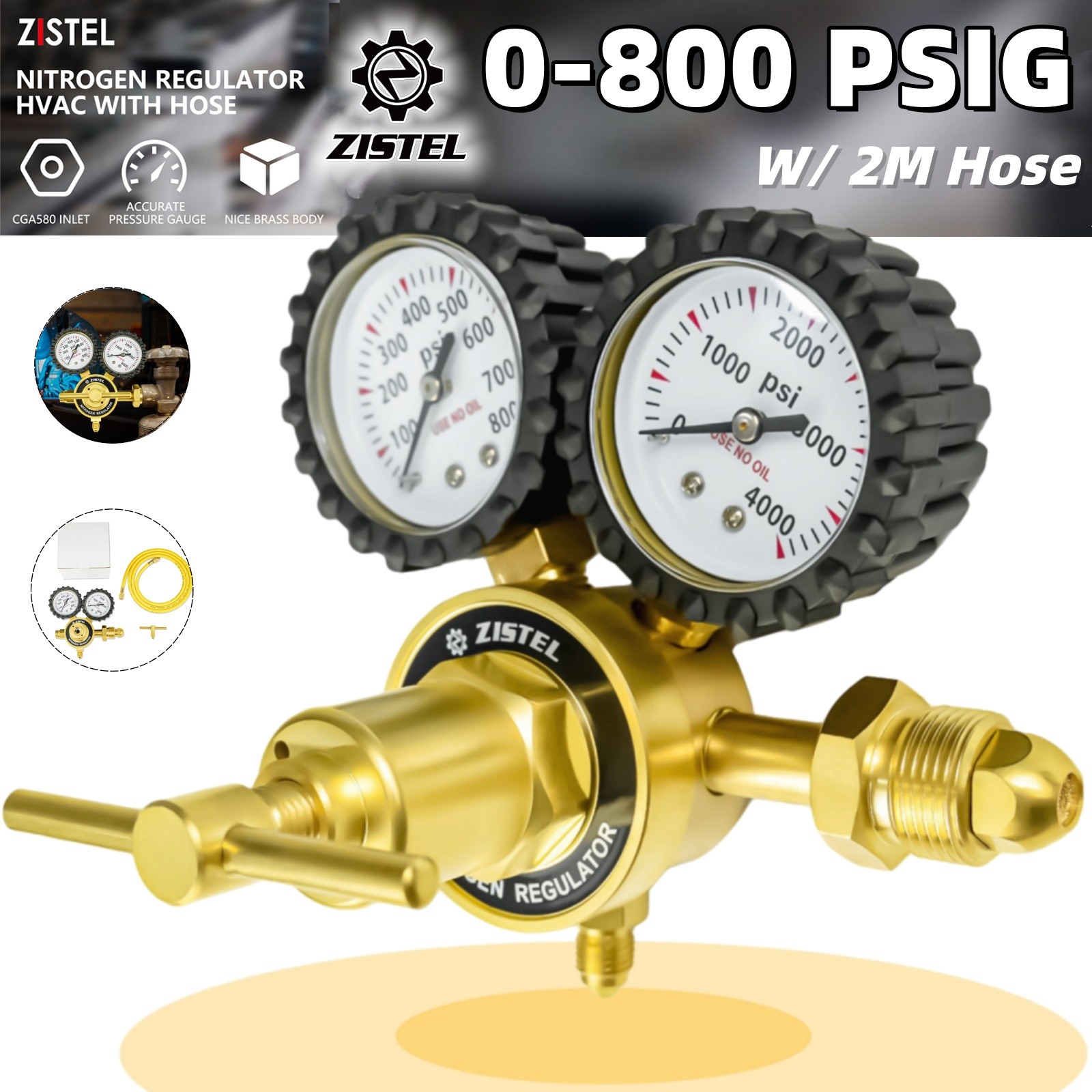 New Nitrogen Gas Regulator 0-800 PSIG HVAC Purging, Pressure Charge with Hose US