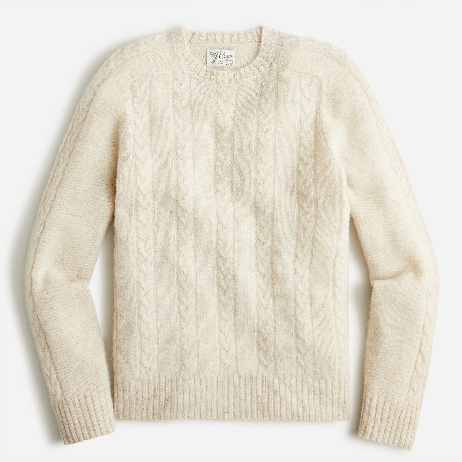 NWT J Crew 100% Wool Brushed Cable Knit Crewneck Sweater in Beige Cream