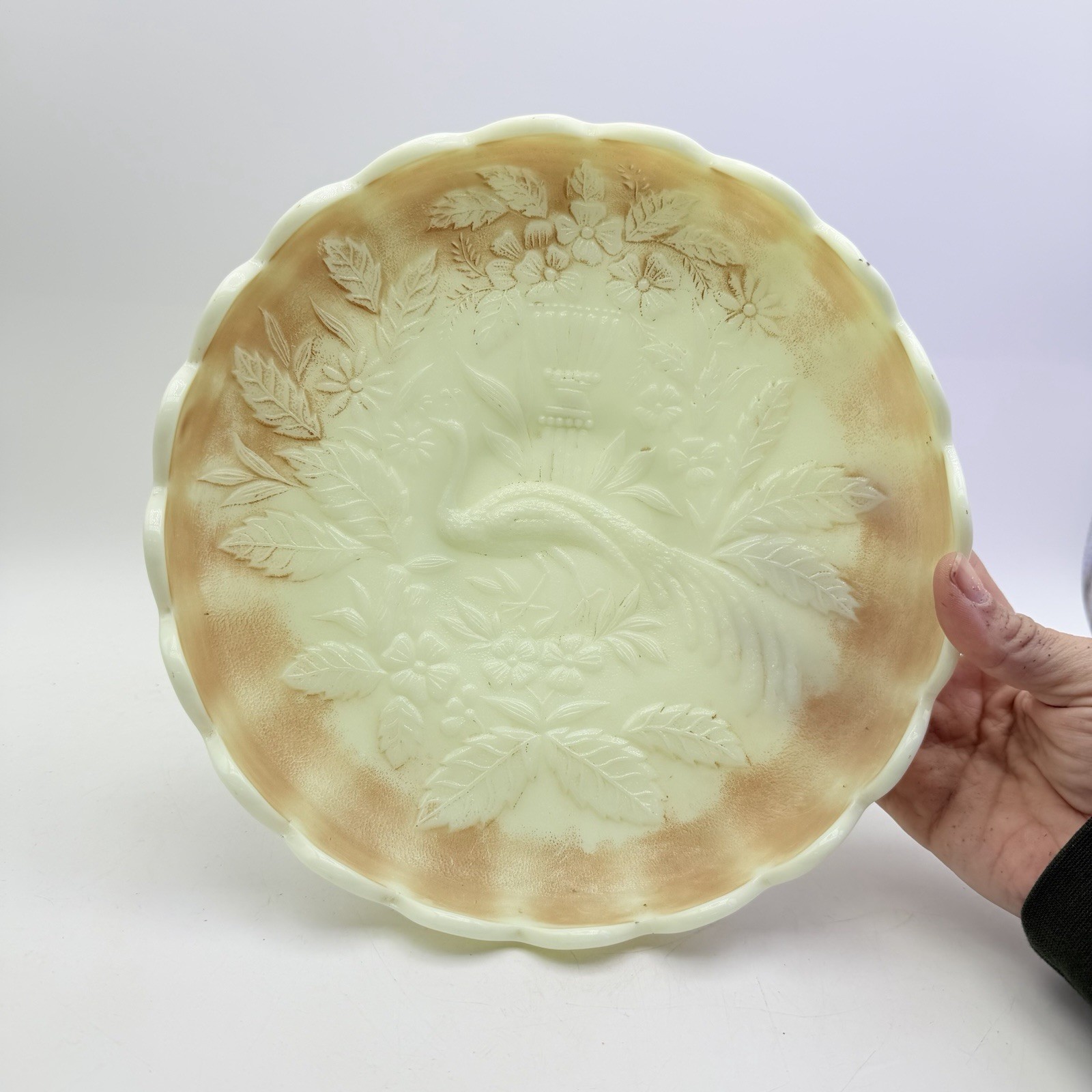 Antique Northwood Peacock & Urn Custard Glass Master Ice Cream Bowl c1890