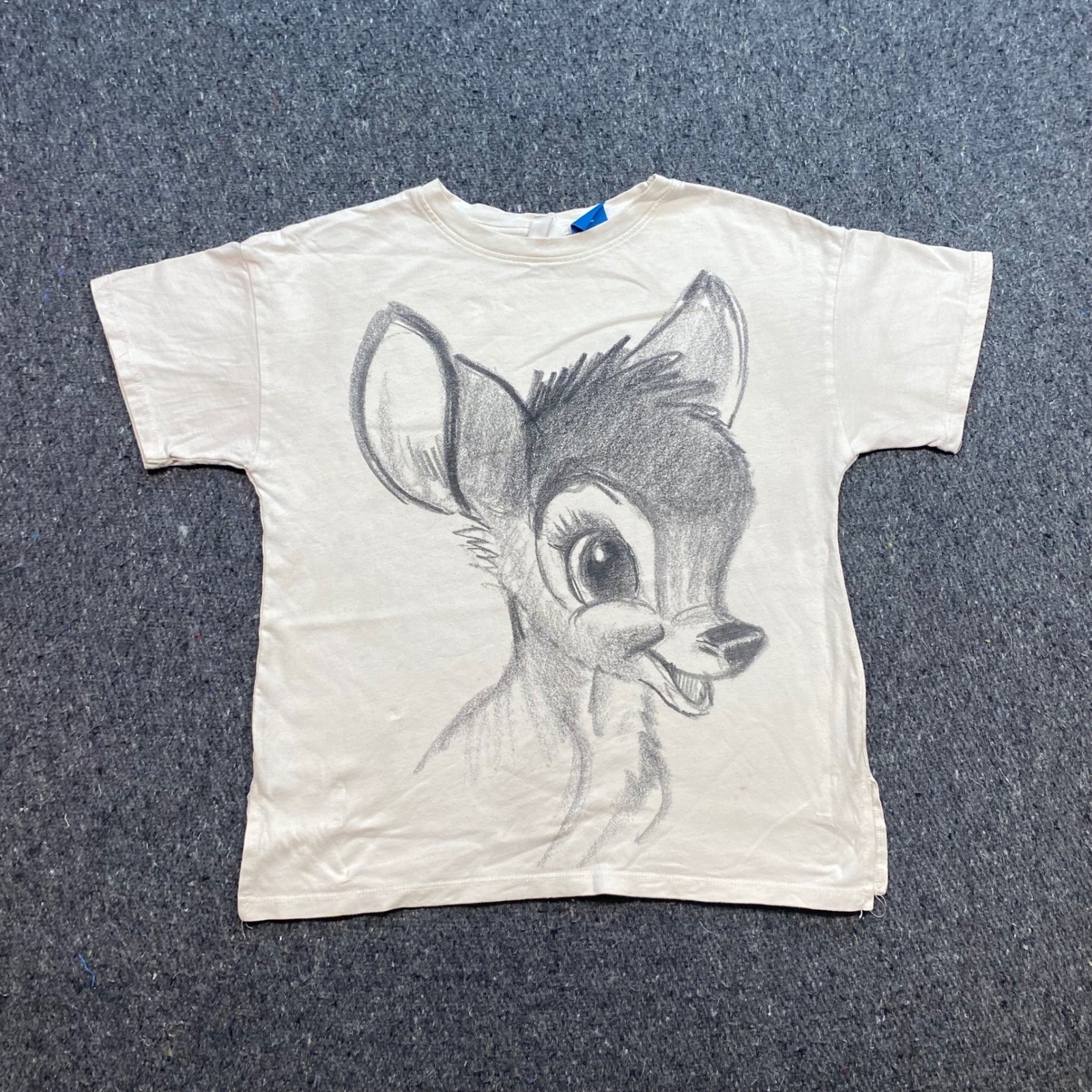 Zara Disney Bambi TShirt Sz 9 Girls Cream Sketch Art Boho Retro Deer Fawn Tee