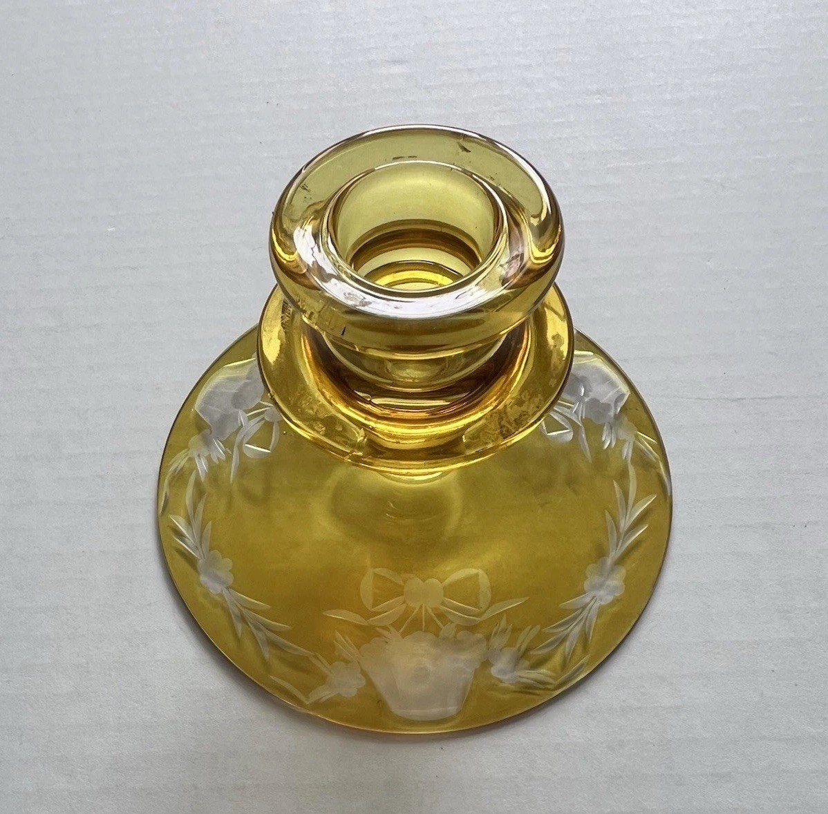 Antique Bohemian Amber Yellow Glass Etched Candlestick Holder Antique Bohemian Amber Yellow Glass Etched Candlestick Holder
