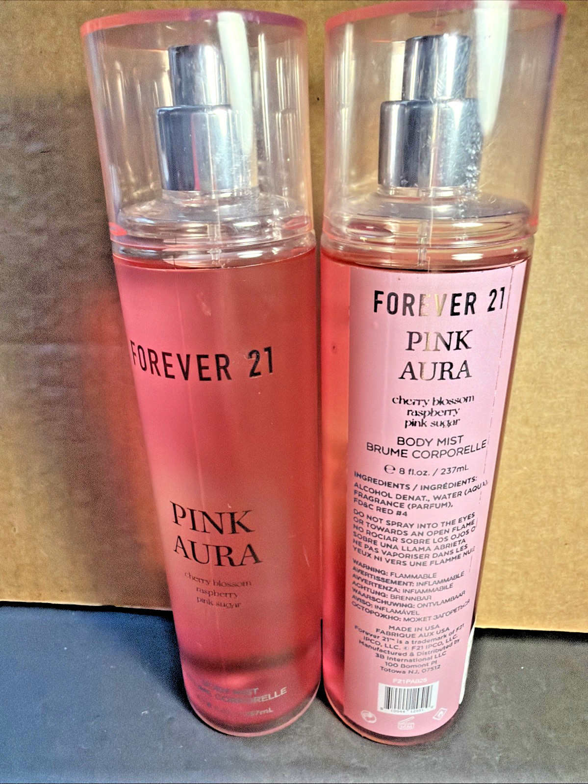 (2)Forever 21 Pink Aura Body Mist Spray Cherry Blossom Raspberry Pink Sugar 8 oz