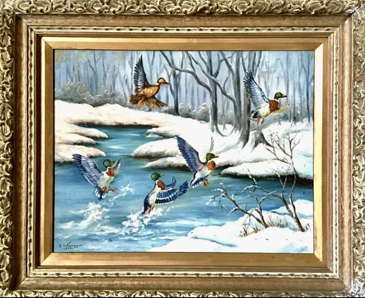 Listed Bolivian Artist Antonio Sotomayor Signed O/C “Seasonal Ducks” 1959