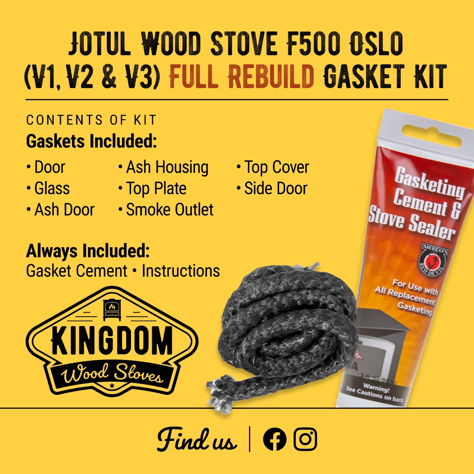Jotul F500 OSLO FULL REBUILD Gasket Kit W/cement *FREE Shipping*