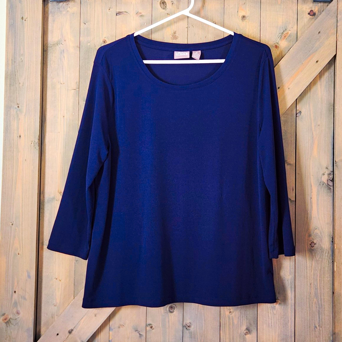 Chico\'s Blue Solid 3/4 Sleeve Scoop Neck Stretch Knit Top Relaxed Fit 2 = 12/14 Chico\'s Blue Solid 3/4 Sleeve Scoop Neck Stretch Knit Top Relaxed Fit 2 = 12/14