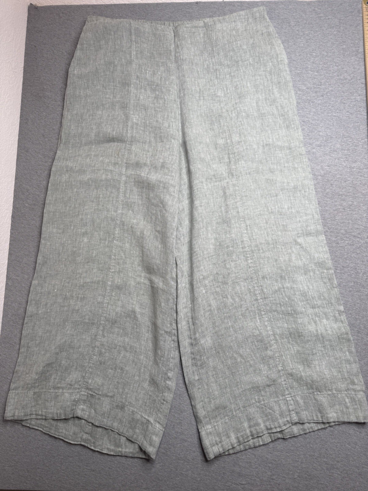 FLAX 100% Linen Wide Leg Pants Elastic Waist Green Sz Large Lagenlook