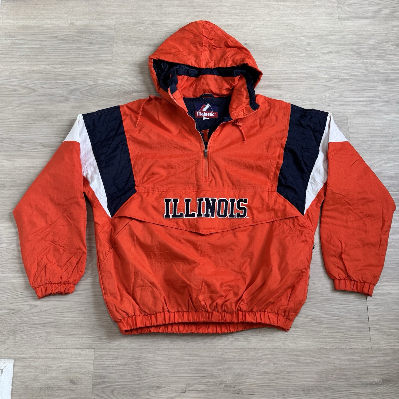 Vintage Illinois Fighting Illini Majestic Hooded Anorak Windbreaker Jacket Parka