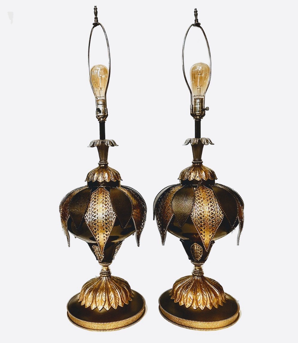 Pair Large 1960s Hollywood Regency black & gold lamps used in Sopranos sets