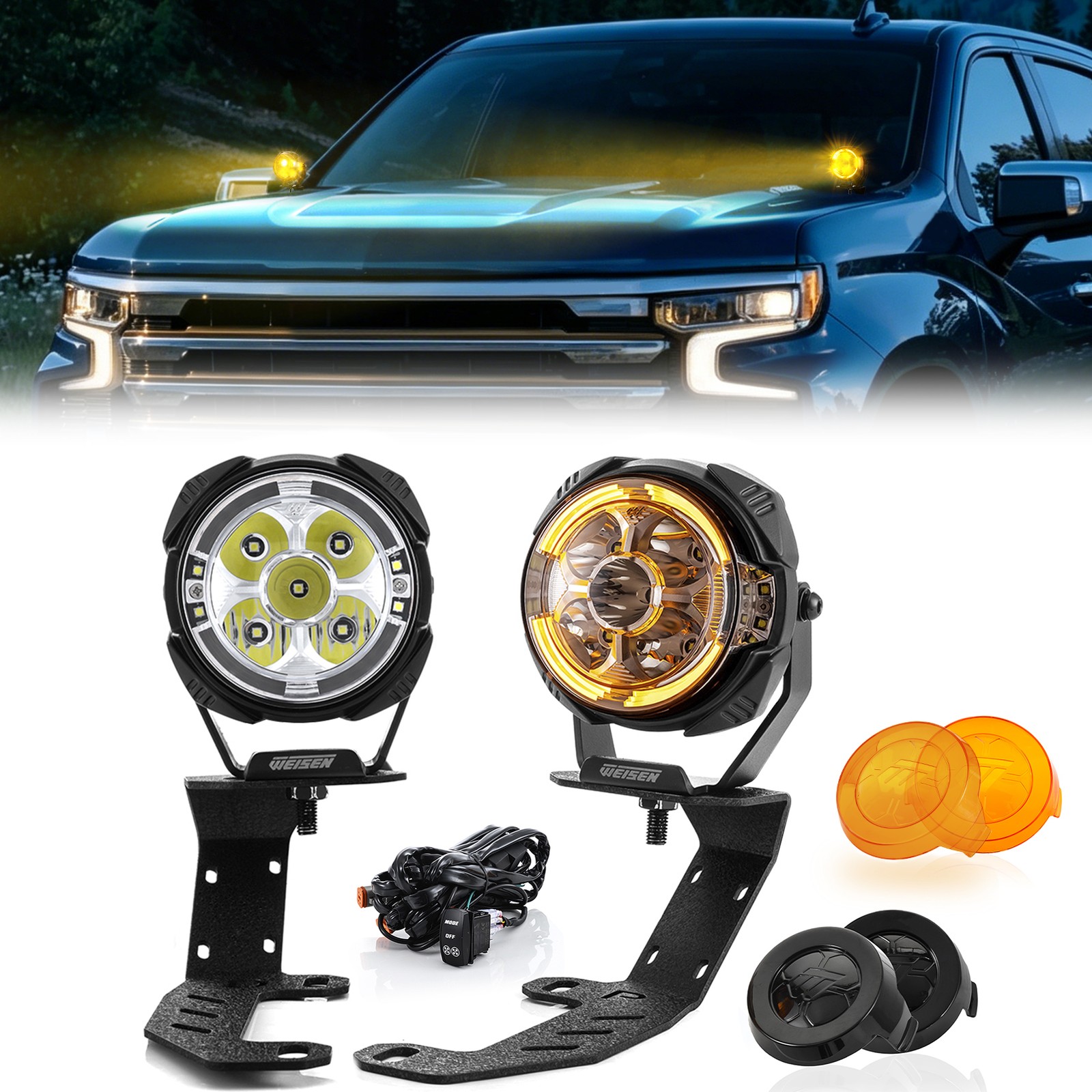 3.5\'\' LED Pods w/Dynamic DRL+Ditch Mounts+DT Wiring For GMC Sierra 1500 22-26
