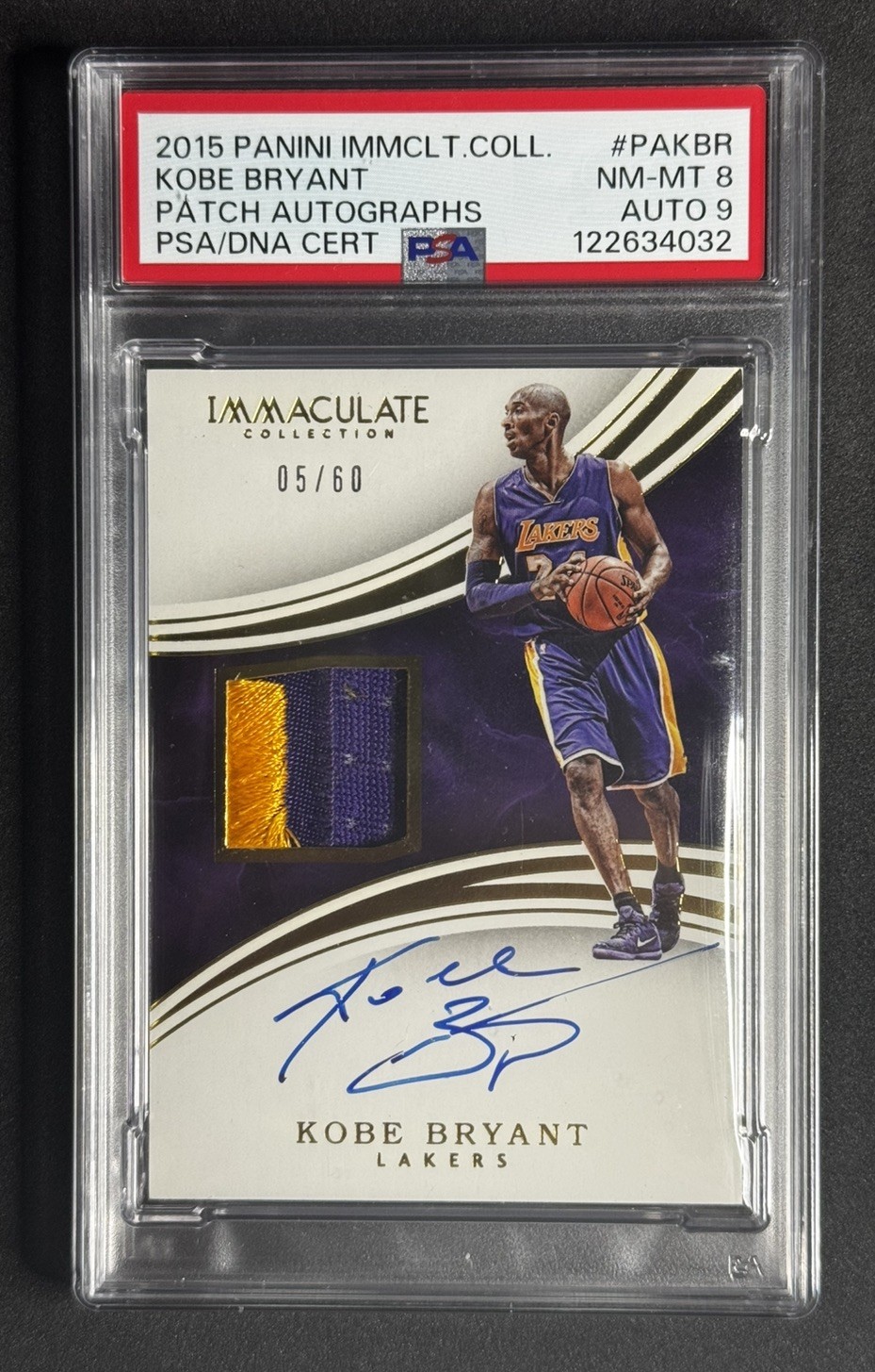 2015-16 Panini Immaculate Collection Game Worn Patch Auto /60 Kobe Bryant PSA 8