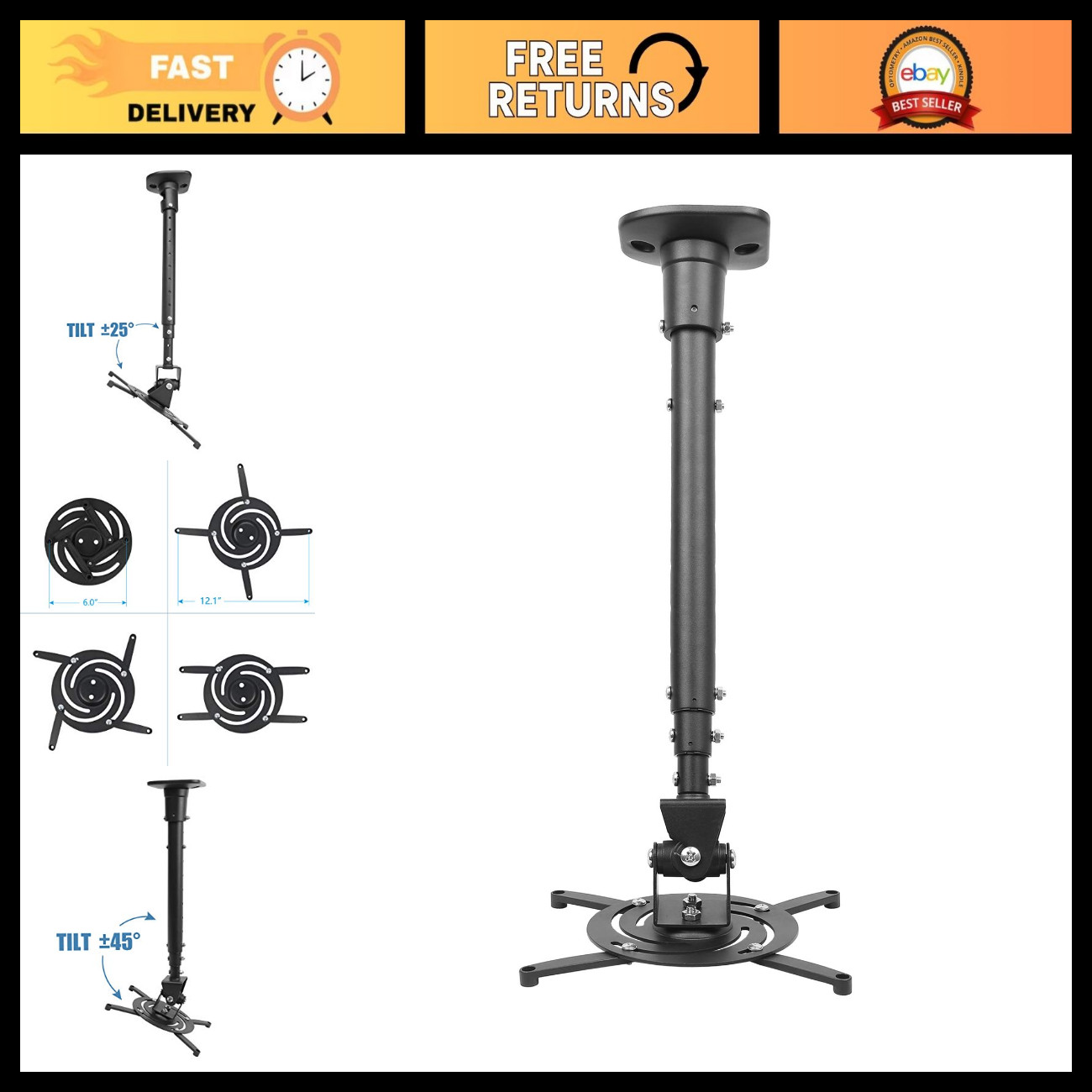 Universal Full Motion Ceiling Projector Mount Bracket - Adjustable Height, Swive