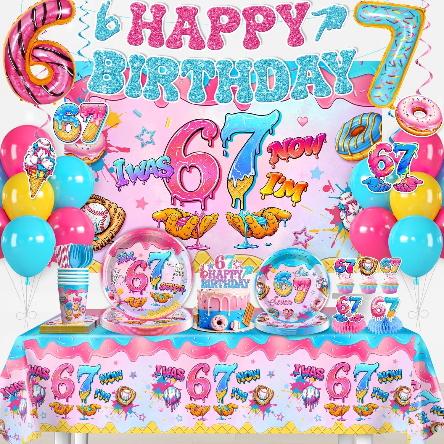 218Pcs 67 Birthday Decorations Girl Party Pack Set with Plates Napkins Cups