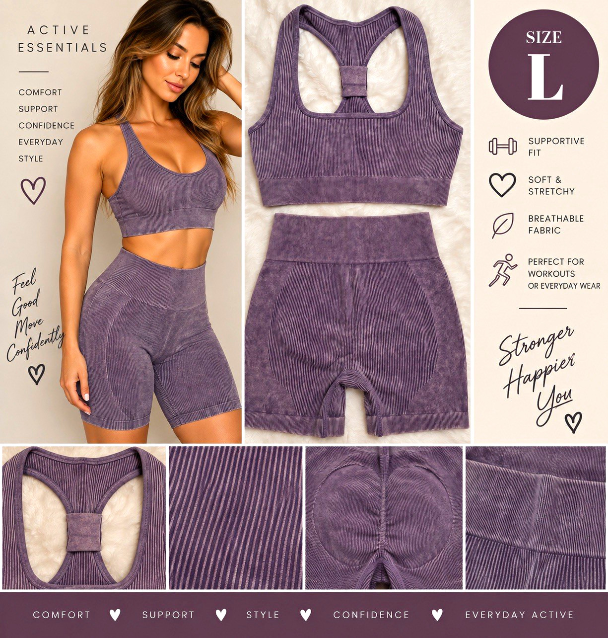 Women\'s Purple Ribbed 2pc Activewear Set Breathable Stretch Bra & Shorts L NWOT
