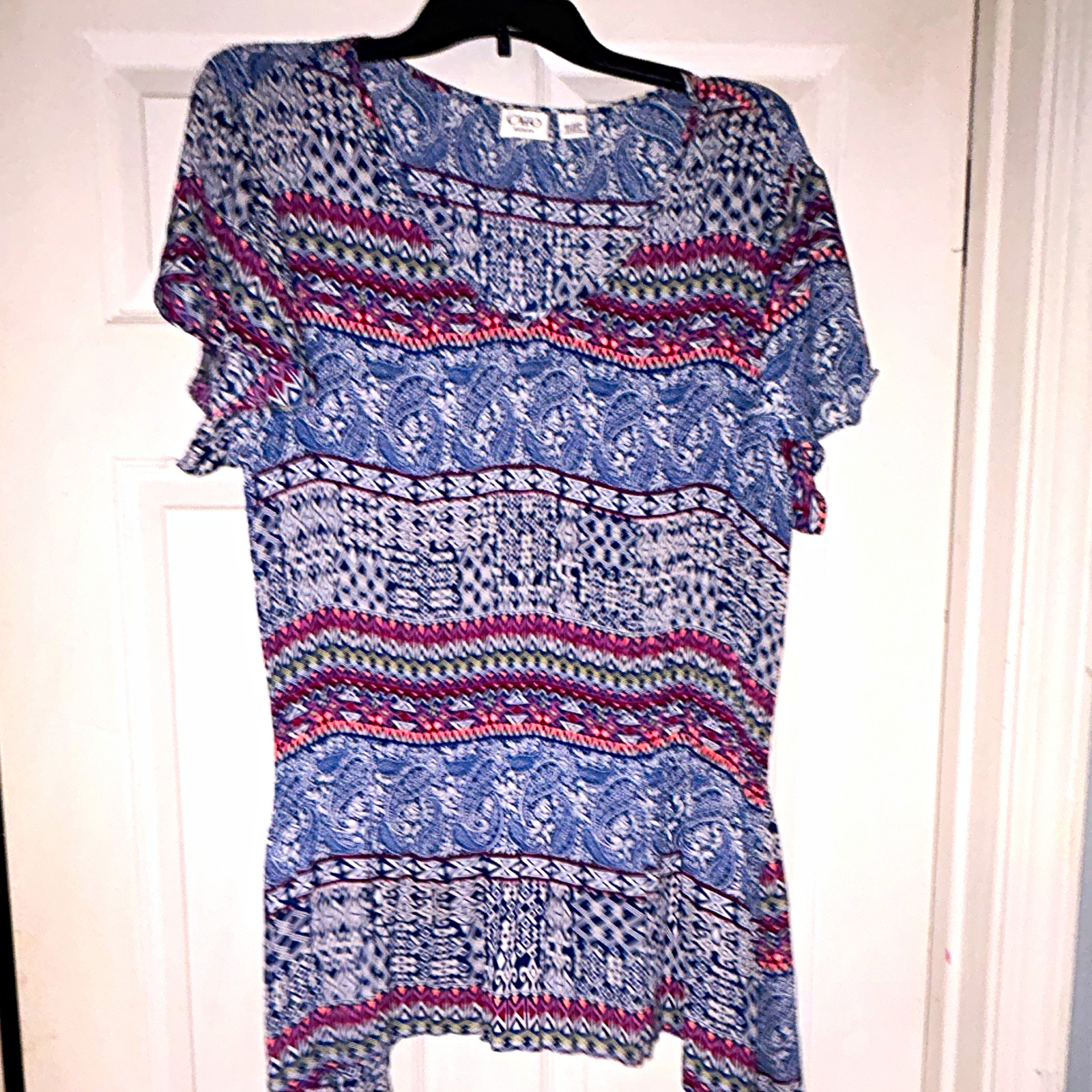Cato Woman Women\'s Plus Size 18 Blue White Red Paisley Round Neck Top